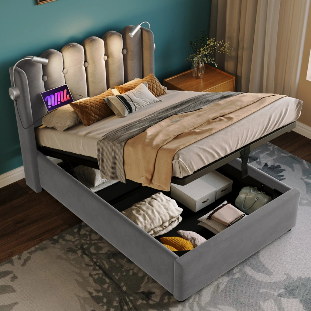 Letto Contenitore 90 x 200 cm; 1 Posto con USB; Luce da Lettura e Vano; senza Materasso; Velluto Grigio