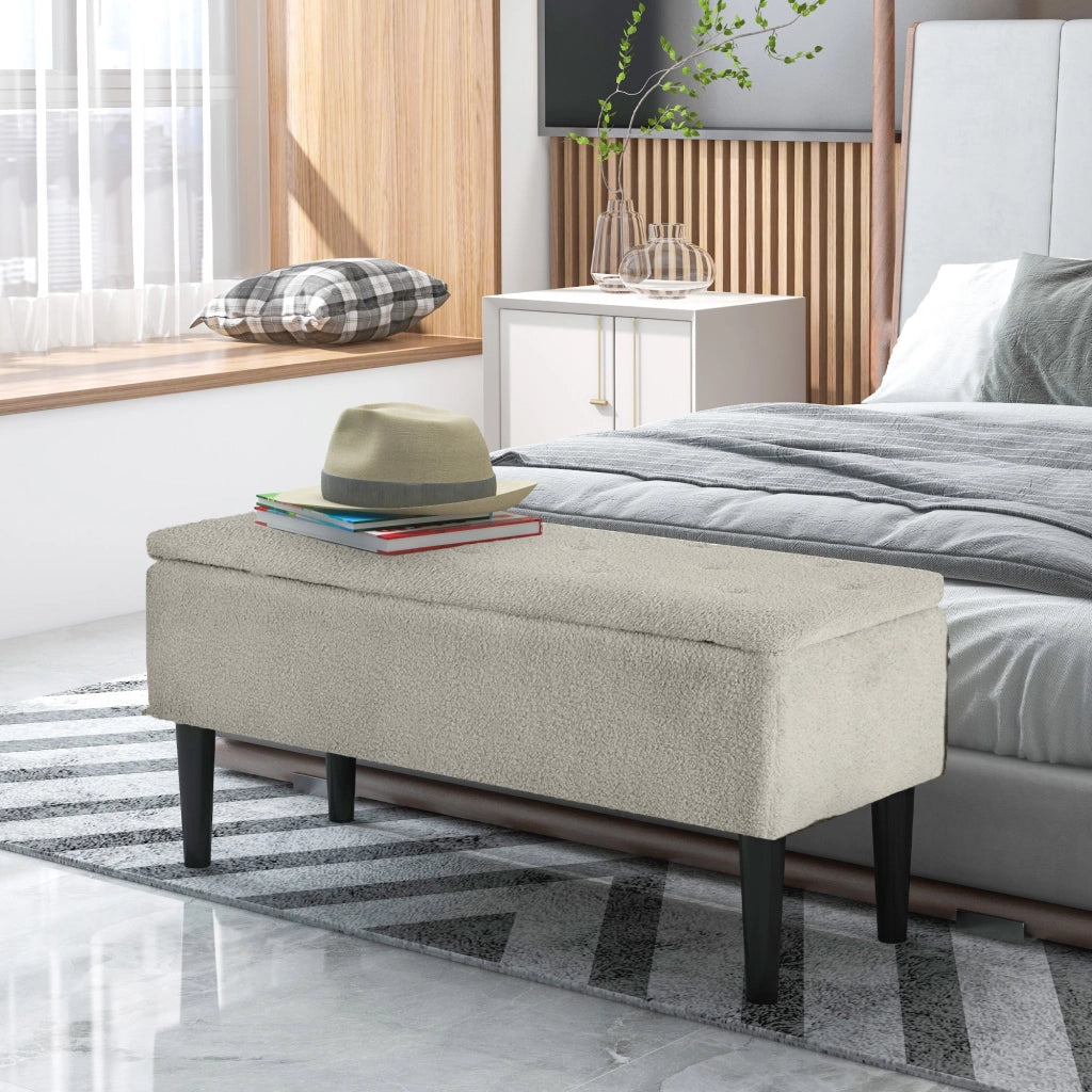 Panca Fondoletto con Vano Contenitore da 47L 95x38x45 cm Rivestimento Bouclé Beige