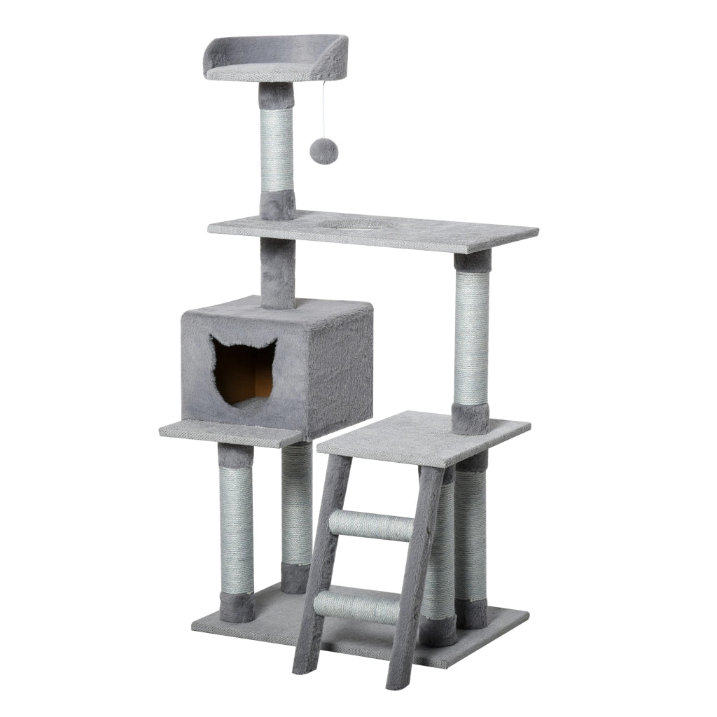 Tiragraffi per Gatti Multilivello con Casetta e Piattaforme ¨C Zephmum ¨C Grigio, Corda di Juta, 61x40x124