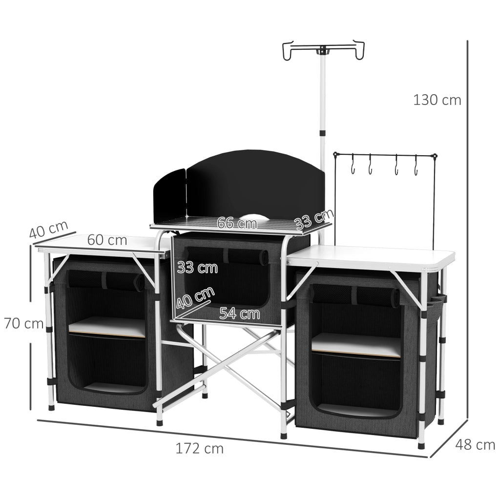 Cucina da Campeggio Pieghevole a 3 Piani con 5 Ripiani Interni e 4 Ganci, 172x48x130 cm, Nero
