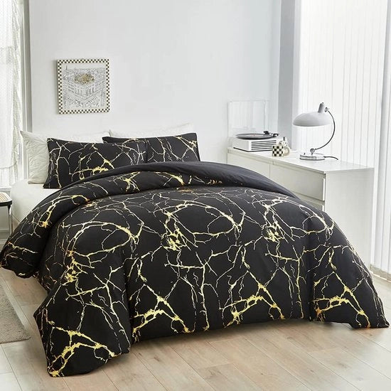 Set di letto, 200 x 200 cm, composto da 3 pezzi, 1 coperta da letto di 200 x 200 cm e 2 cuscini di 80 x 80 cm, microfibra, oro, marmo, per uomo, letto matrimoniale a zip, facile da pulire