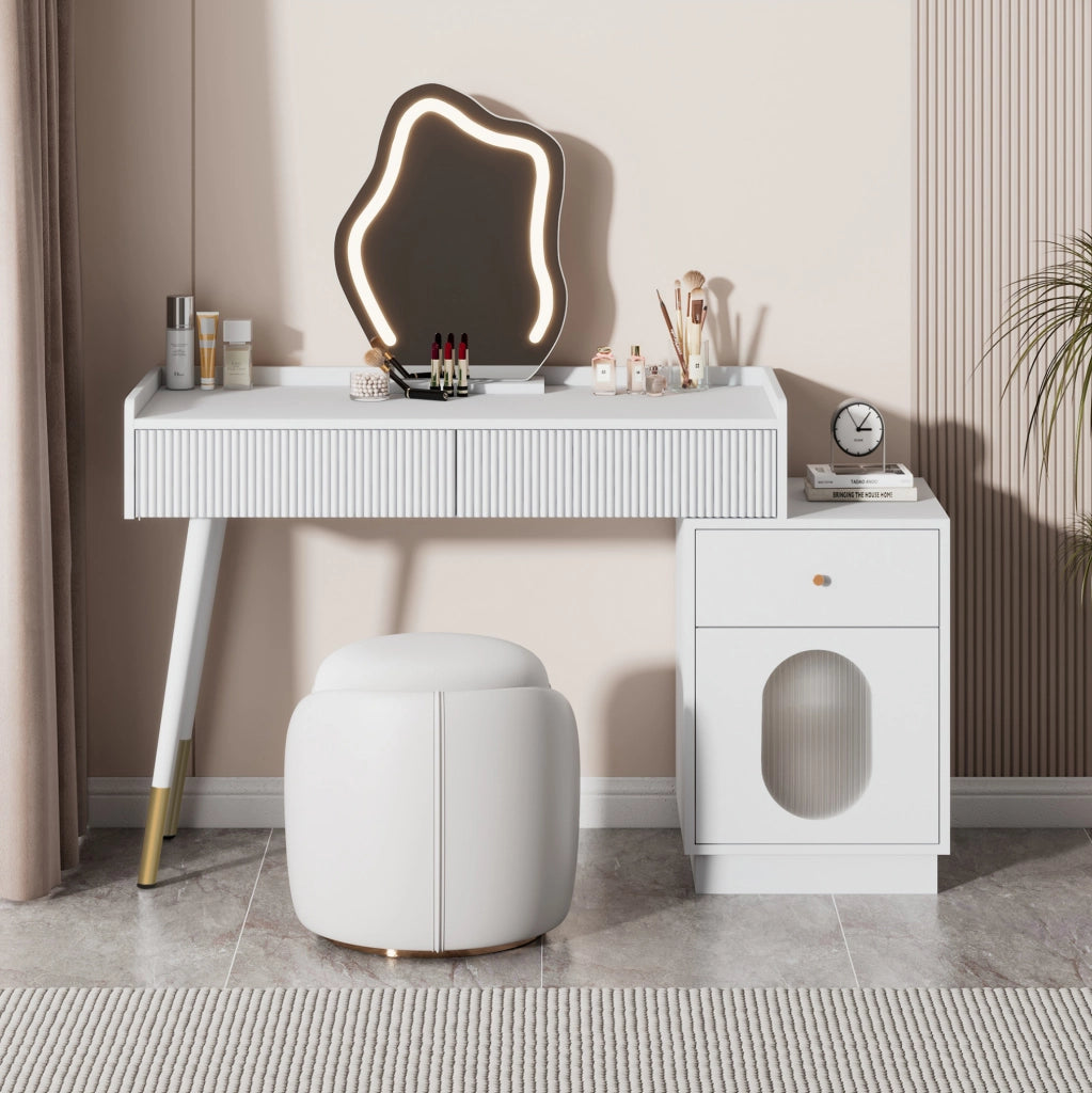 Toeletta bianca con illuminazione LED, 2 cassetti e armadietto