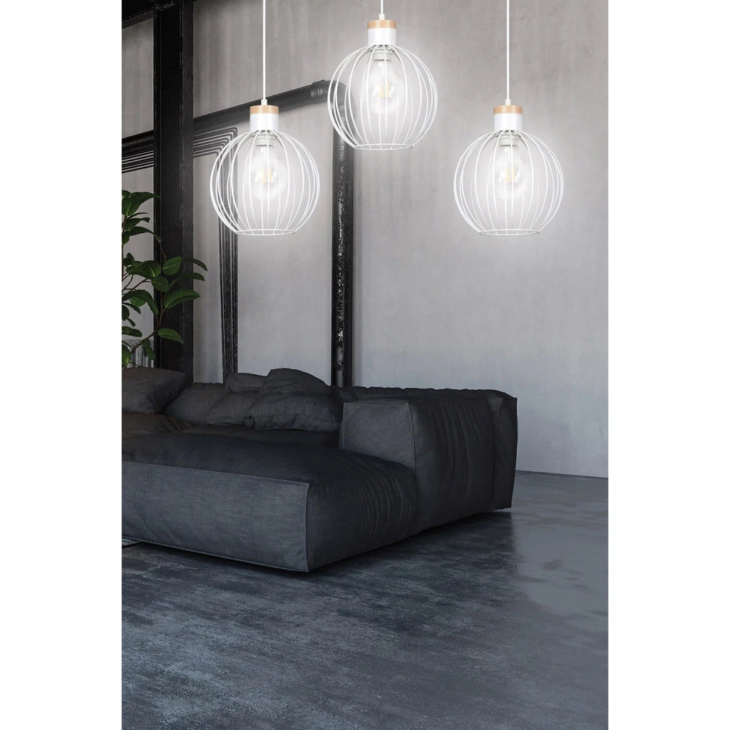 Lampadario 3 Luci Morgana Paralumi A Gabbia In Acciaio Bianco E Legno Naturale