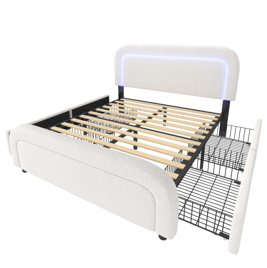 Letto matrimoniale 140x200 cm in Sherpa bianco con USB e Type-C; LED e 4 cassetti