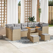 Set di Divani da Giardino da 10 Pezzi con Cuscini Beige in Polirattan