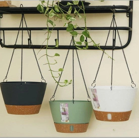 Set di tre contenitori per piante da appendere 8 pollici, utilizzabili all'aperto e all'interno - contenitore per piante appeso con livello di acqua visibile - cassetta con foro di scarico - auto-irrigazione - inclusi 3 ganci per giardino e casa