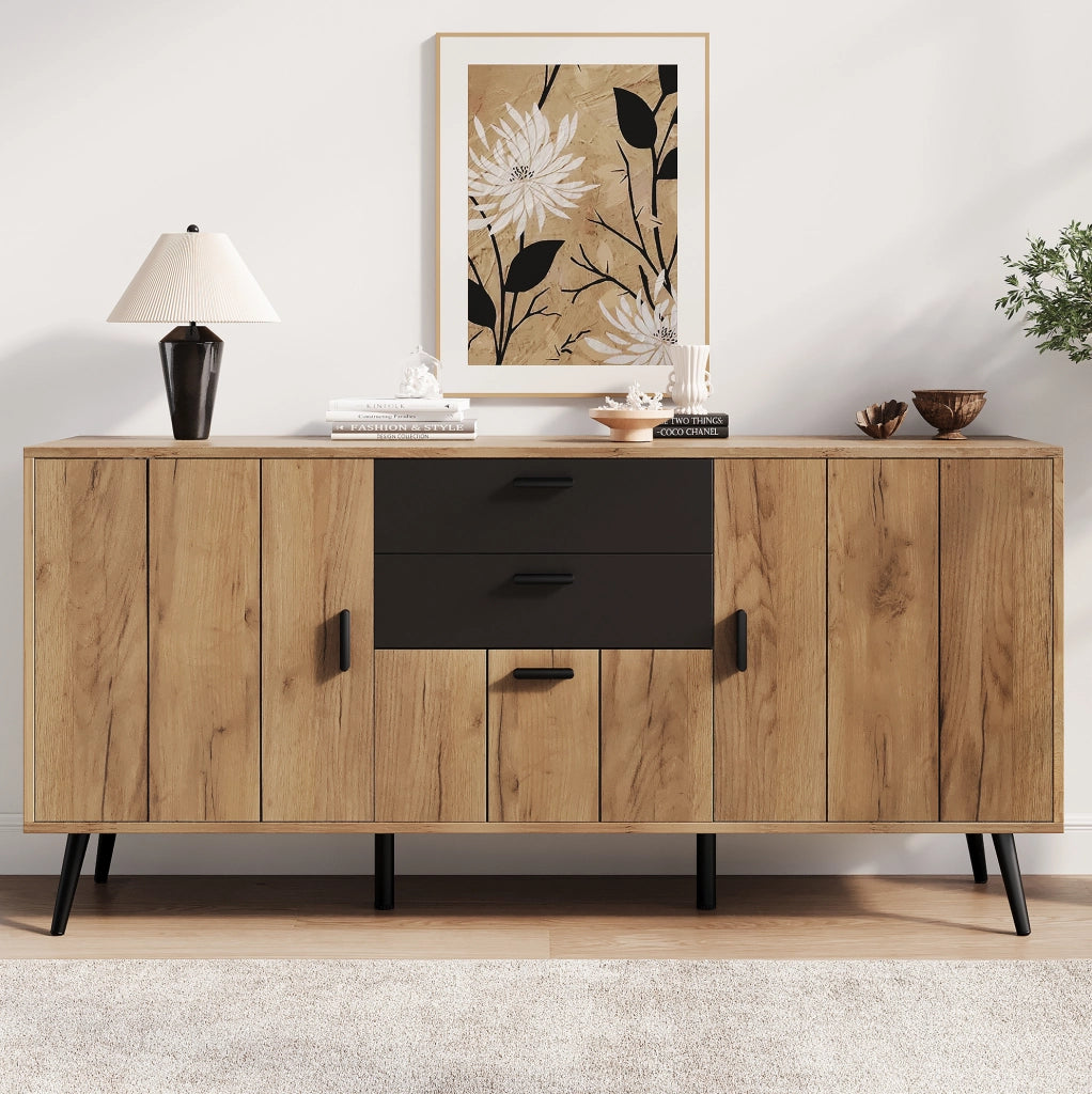Credenza Sideboard con 2 Cassetti, 3 Ante e Piano Ampio, 140 x 35 x 67 cm