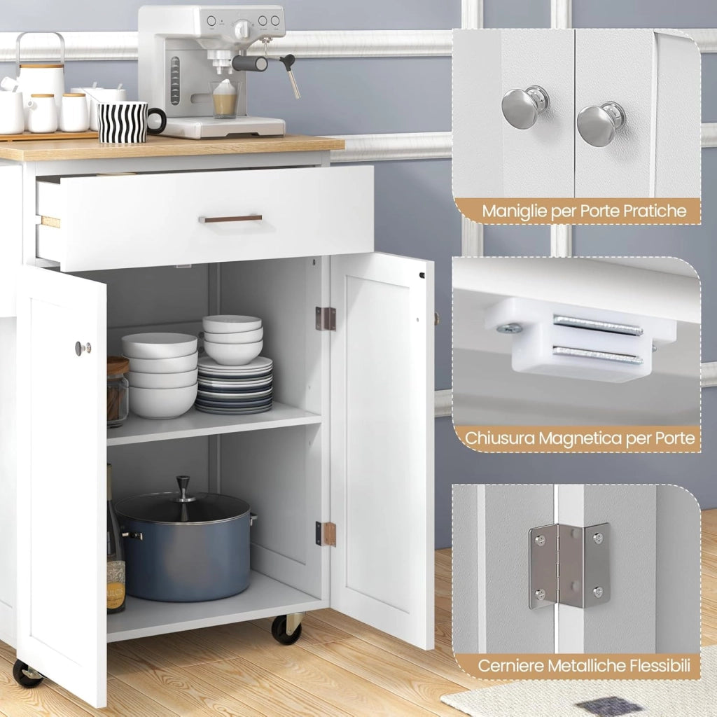 Isola da Cucina con Ruote, Carrello da Cucina con Cassetto e Armadio, Porta Spezie e Barre Porta Asciugamani, Armadietto Mobile con Ripiano Regolabile per Sala da Pranzo, 83x48x91 cm