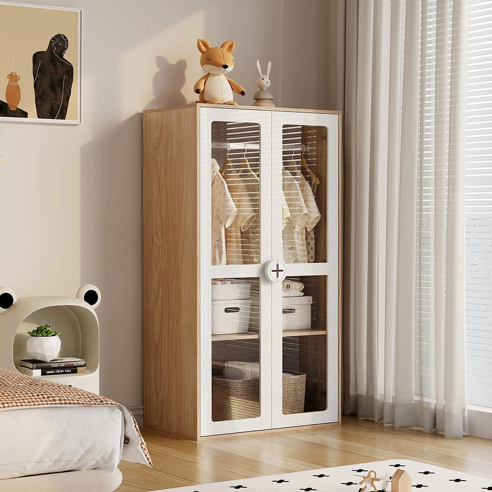 Armadio doppio bambino 2 ante con vetro - Xylo - combinazione 2 armadi, appendiabiti, 160x50x150 cm, bianco e naturale