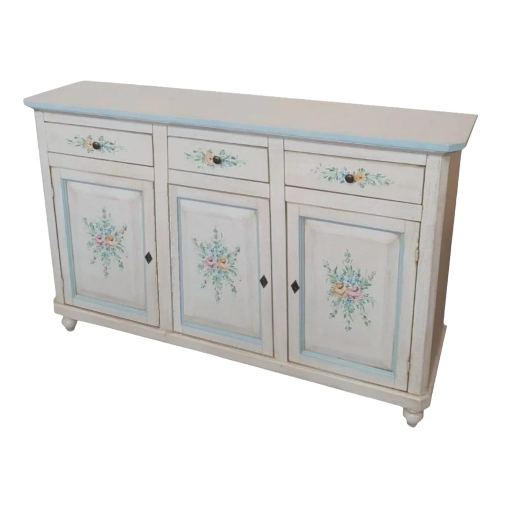 Madia credenza 3 porte legno bianco invecchiato decori azzurri 150x43x98 - Mobili 2G