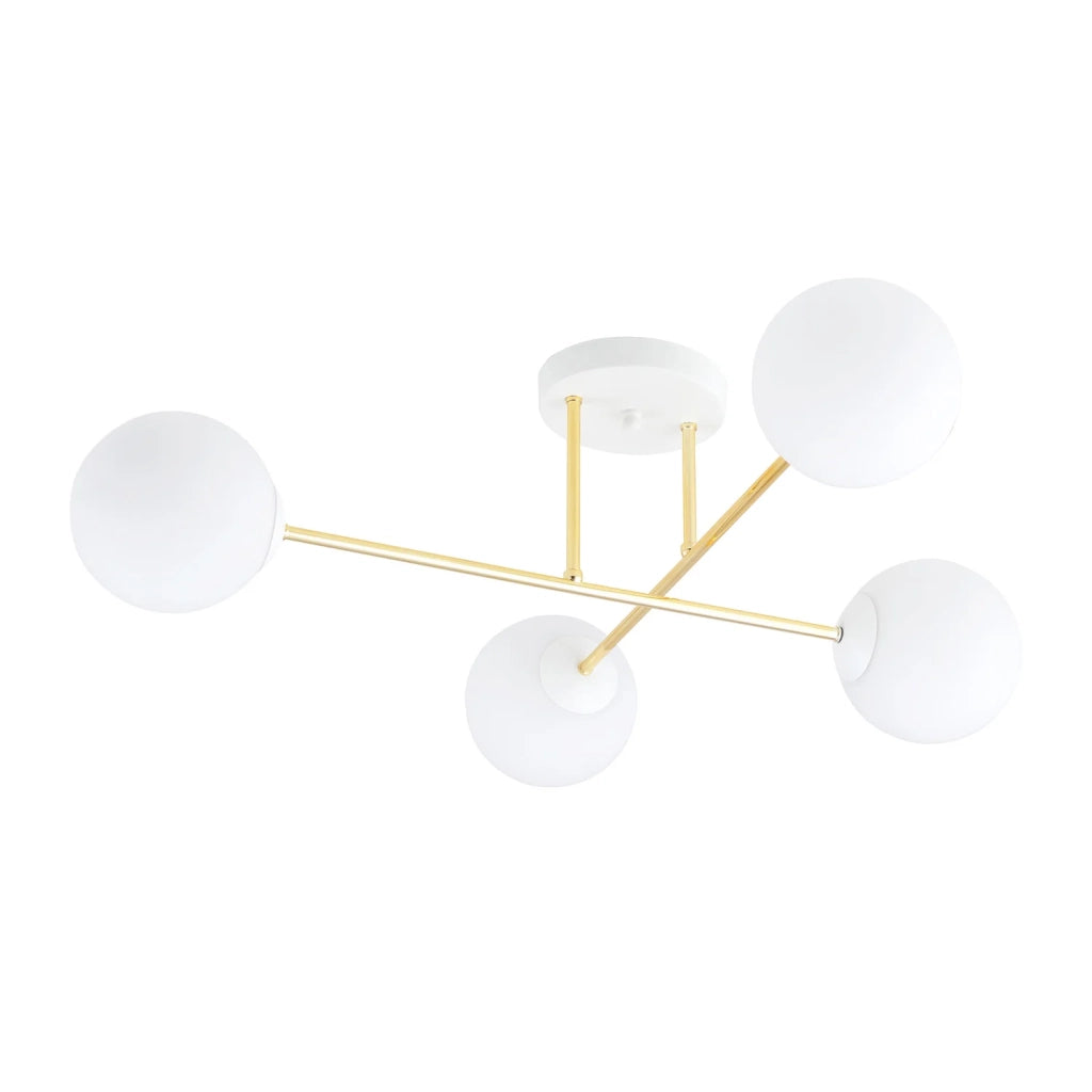 Plafoniera Moderna Magnium 4 Luci In Acciao Oro E Sfere In Vetro Bianco
