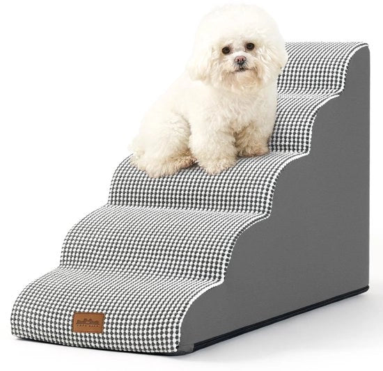 Trappola per cani per piccoli cani 57 cm, Trappola per cani per lettino alto in schiuma, Trappola per cani con fodera lavabile e pavimento antiscivolo, 40 x 84 x 57 cm, 5 gradini, bianco/nero