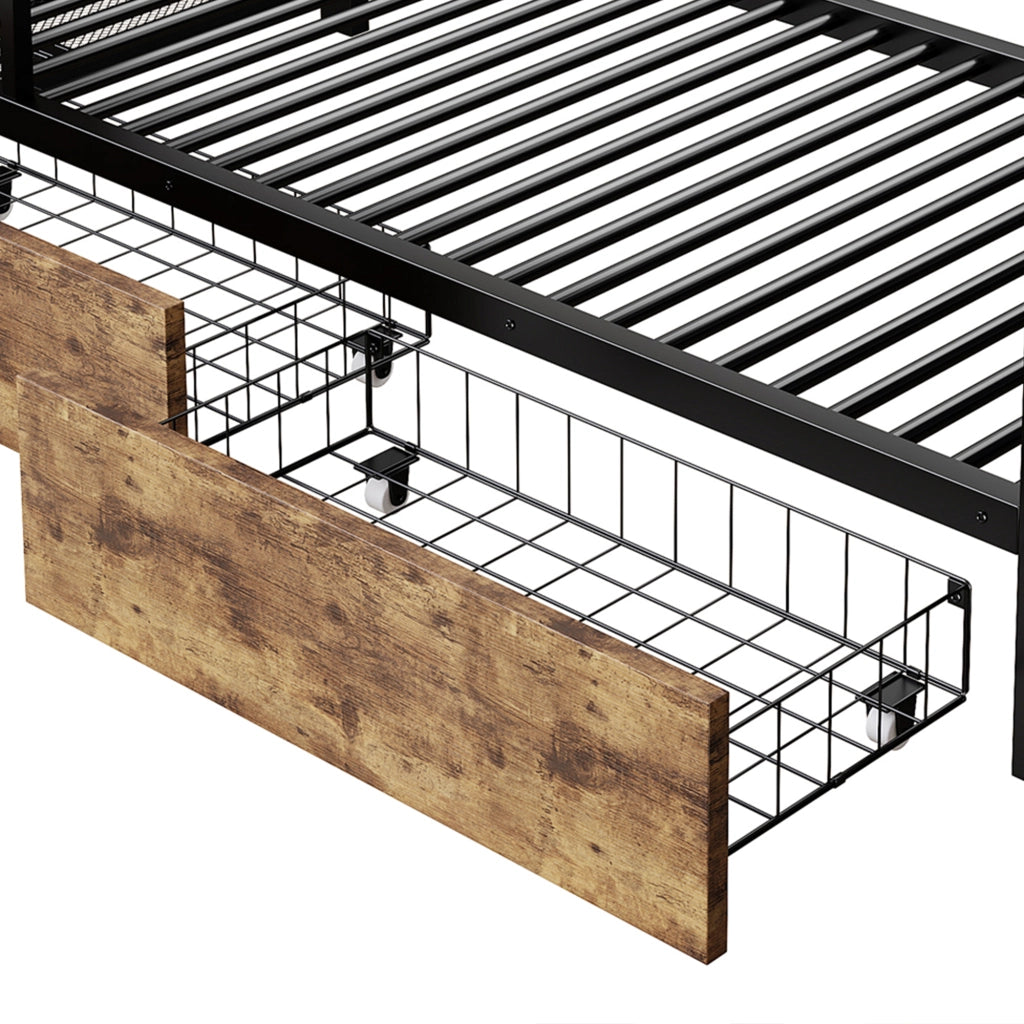OKWISH Letto a Castello 140×200 cm, Letto Matrimoniale con 2 Cassetti, Mensole, LED Regolabile e Barra Appendiabiti, senza Materasso, Nero