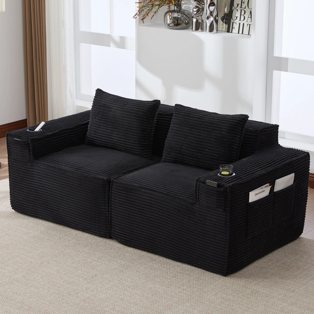 Divano modulare 2 posti in corduroy nero con portabicchieri e tasche laterali 188x90x75 cm