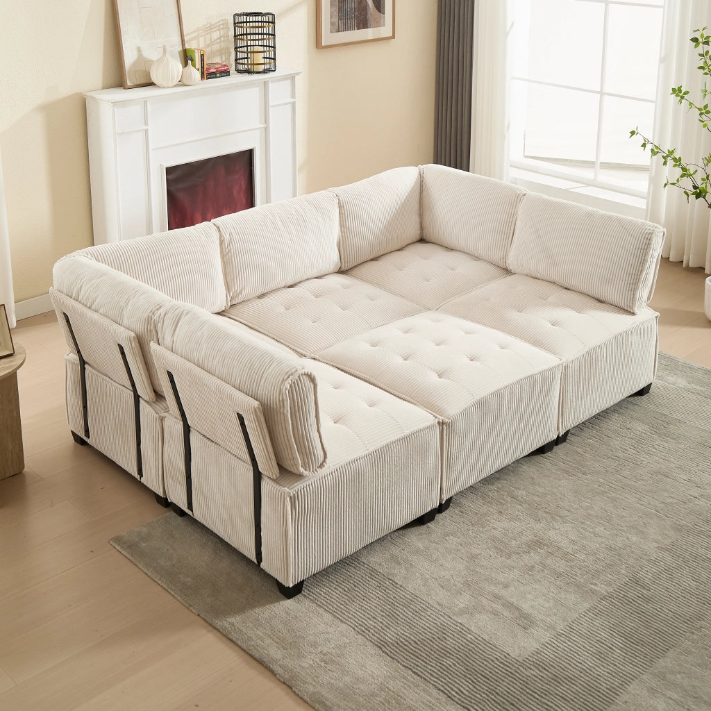 Sofa modulare 6 posti 308x154x81;99 cm in corduroy beige; con tasche laterali