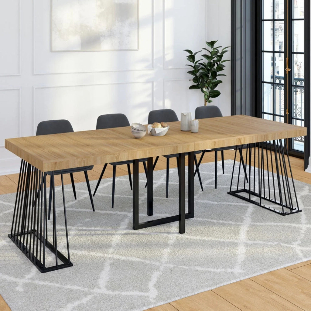 IDMarket - Consolle allungabile YUNA, 10 posti, 235 cm, con piano in legno e gamba in filo metallico nero