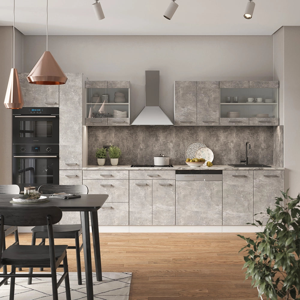 Mobile da cucina R-Line Calcestruzzo/Bianco 350 cm con armadio alto, PL Rovere Vicco