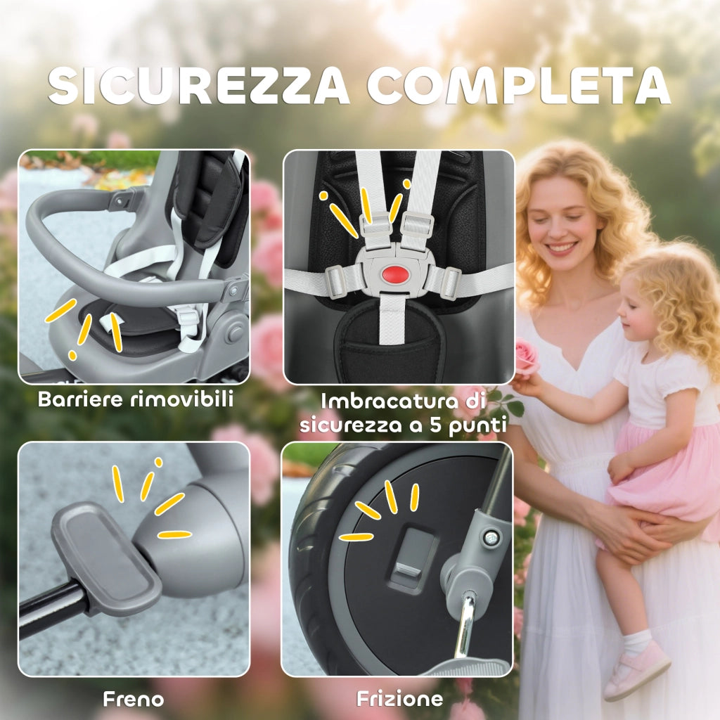 Triciclo per Bambini 6 in 1 111,5x52x98 cm Pieghevole con Sedile Girevole Nero