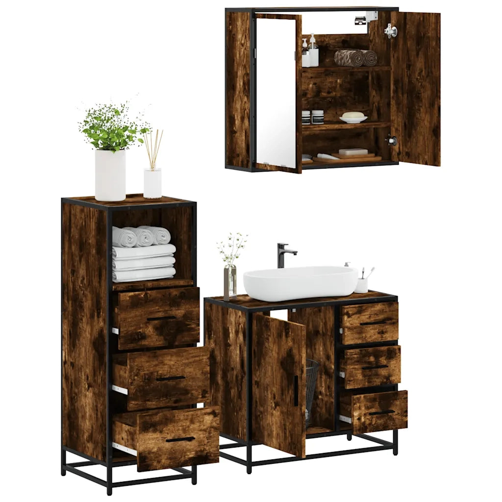 vidaXL Set Mobili da Bagno 3 pz Rovere Fumo in Legno Multistrato