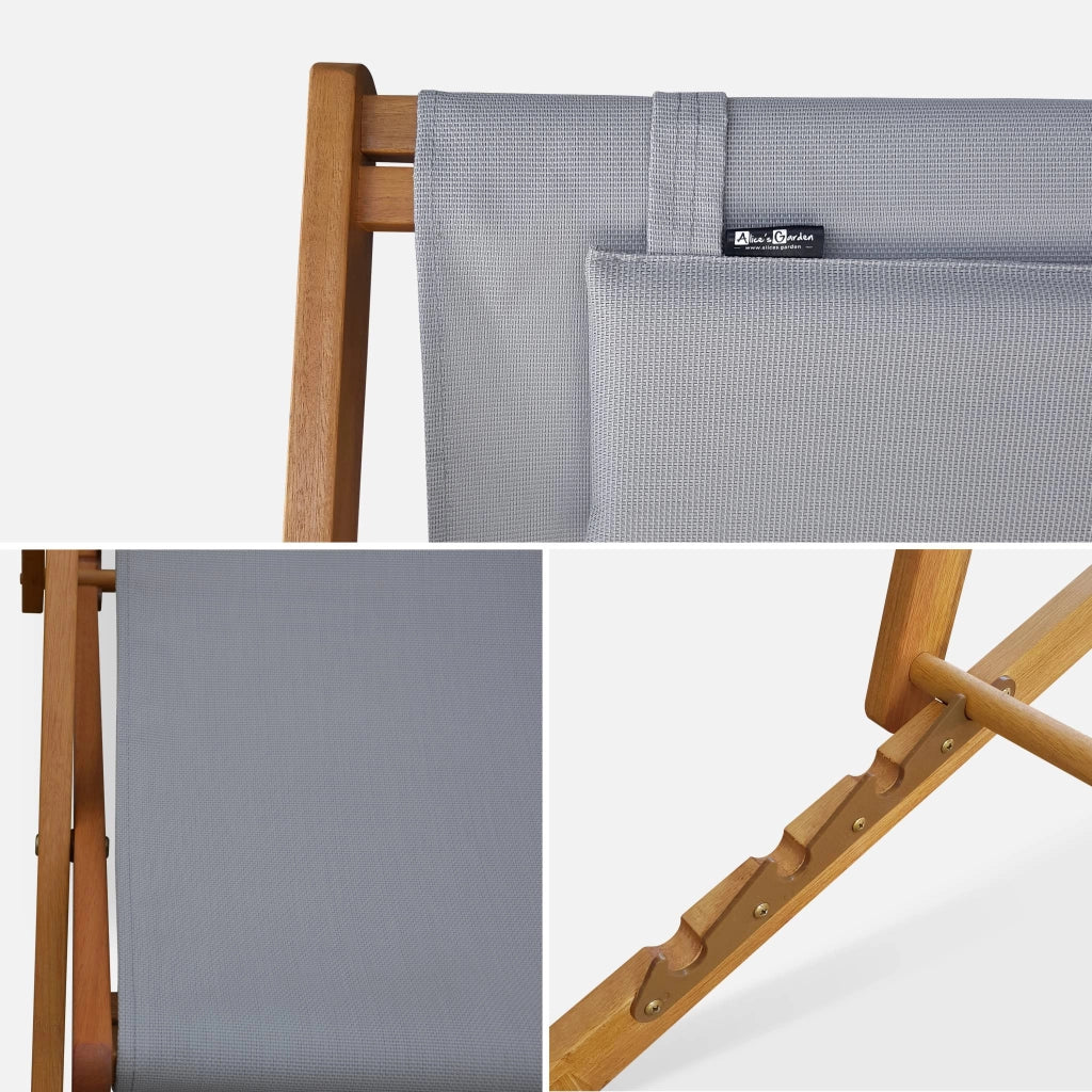 Set 2 lettini prendisole in legno con cuscino poggiatesta, grigio