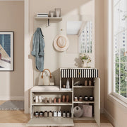 Mobile ingresso con specchio; seduta imbottita; ripiani regolabili e ganci; 110 x 37 x 185;5 cm; beige e crema