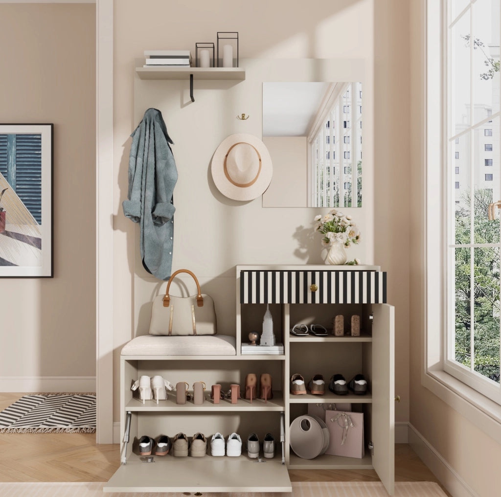 Mobile ingresso con specchio; seduta imbottita; ripiani regolabili e ganci; 110 x 37 x 185;5 cm; beige e crema