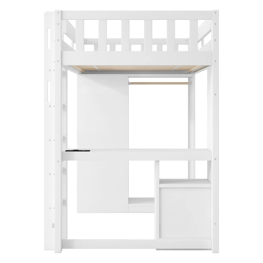 Letto a Soppalco 90x200 cm; 1 Posto - LED; USB; Scrivania; 4 Cassetti e Armadio - Bianco