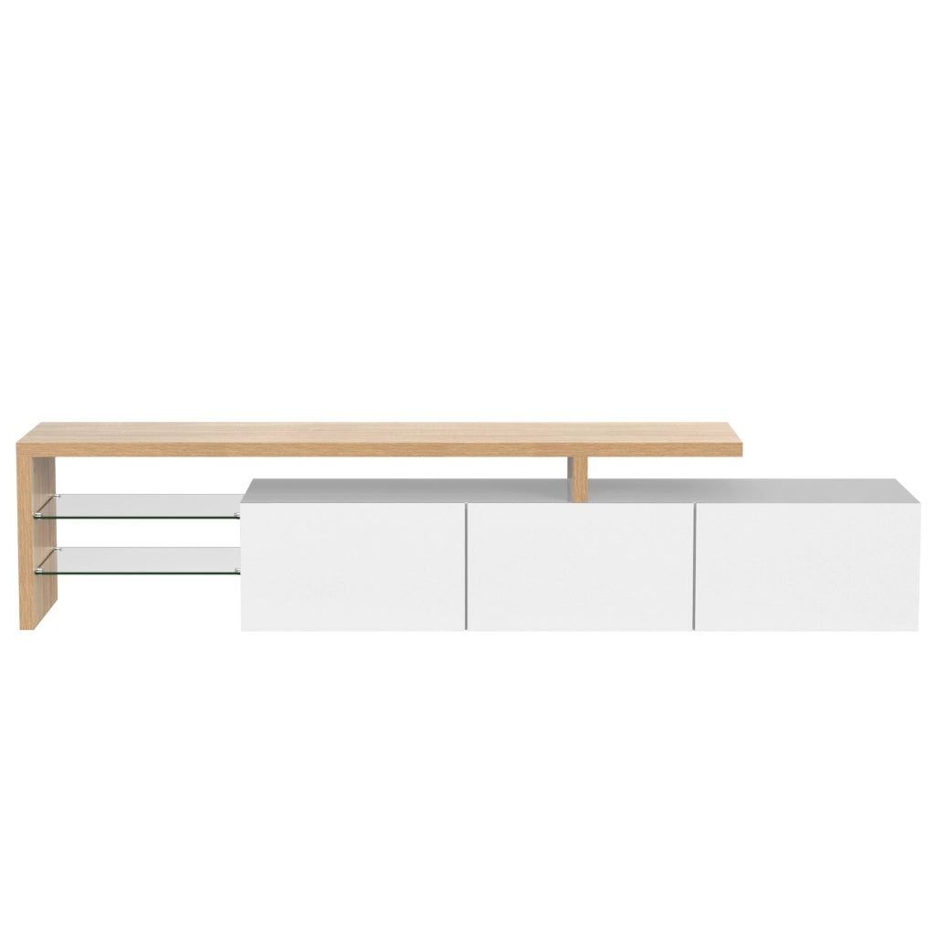 Mobile TV 197.5x39x42 cm; 3 vani con ripiani in vetro e LED a 7 colori; MDF e vetro; colore naturale e bianco