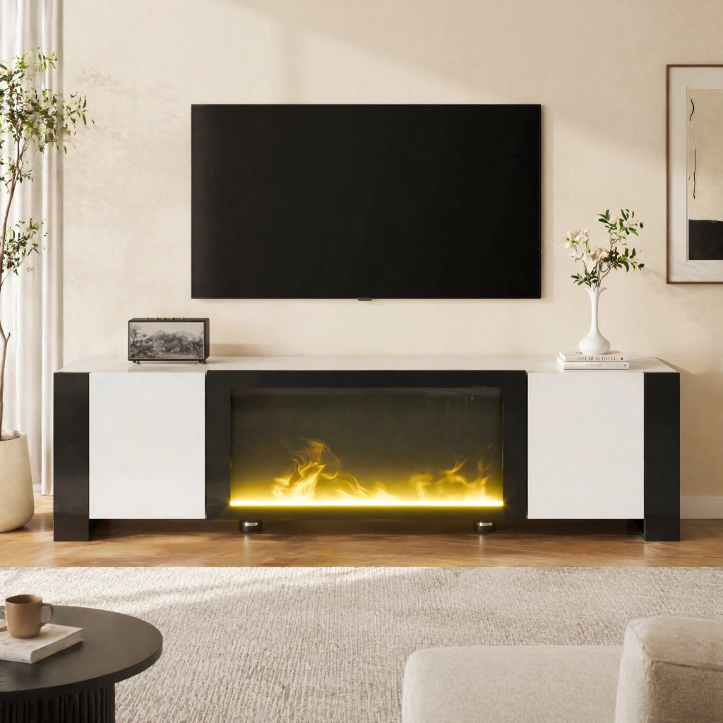 TV-Schrank moderno con camino elettrico decorativo, finitura lucida bianco e nero, 165 x 55 x 32 cm