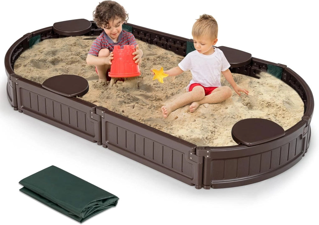 Sabbiera per Bambini con Coperchio Impermeabile, con 4 Sedie, Ideale per Giardino, Cortile e Spiaggia,183 x 105 x 21 cm, Marrone