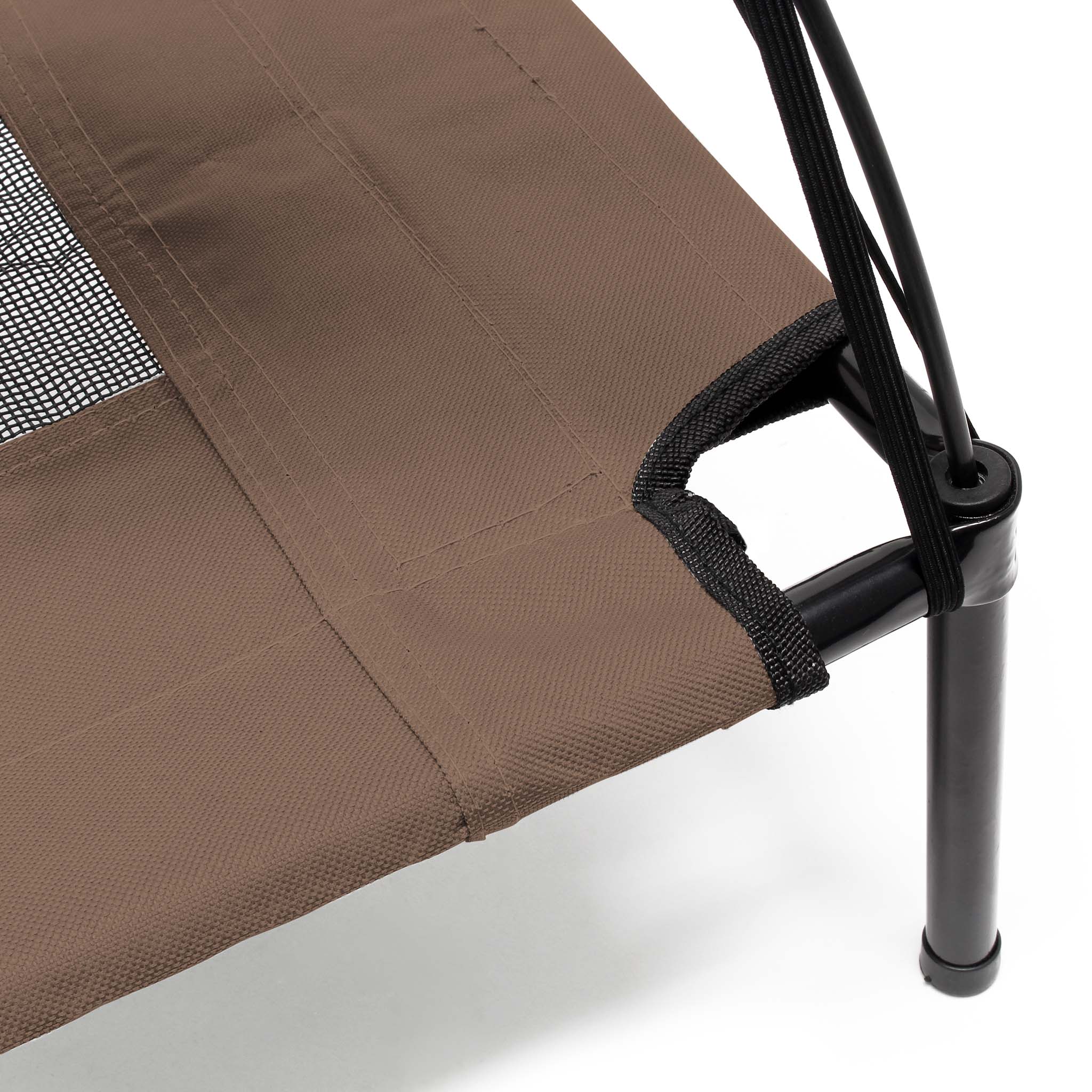 Brandina per cani e gatti con tettoia marrone, cuccia per cani max 50kg, lettino da esterno per animali con tettuccio parasole, 122x91x16cm