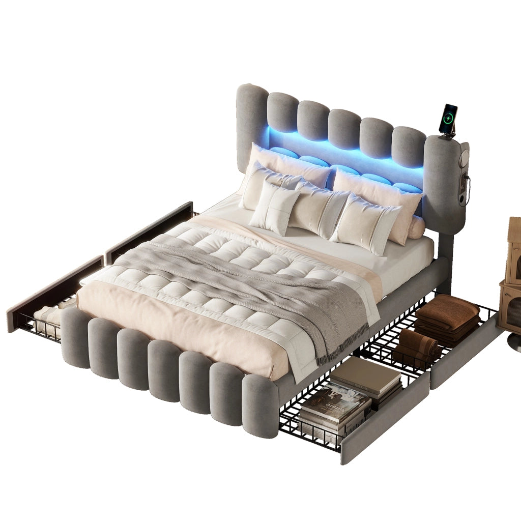 Letto imbottito in velluto con LED, USB e 4 cassetti, 160x200 cm, grigio