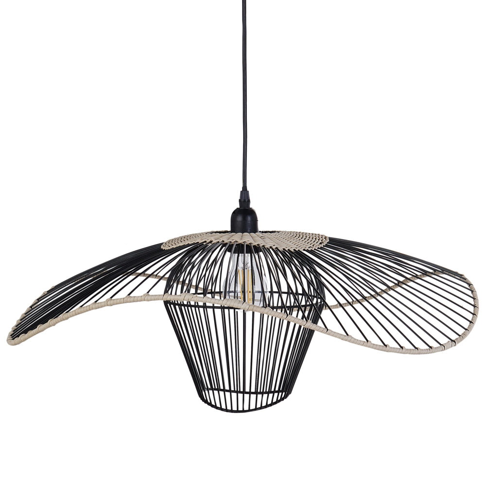 Lampada a sospensione con paralume in rattan e metallo nero soggiorno camera da letto