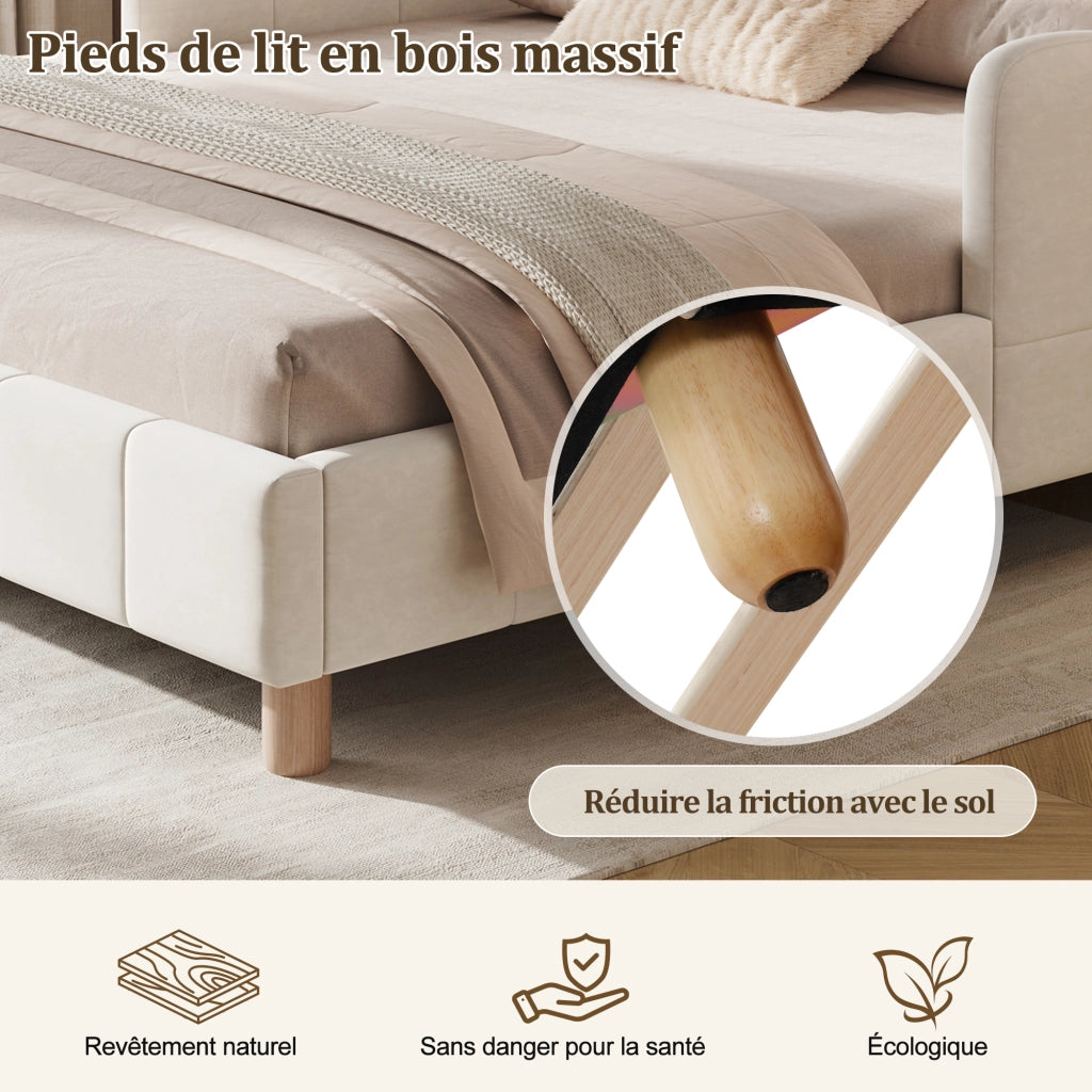 Letto imbottito per bambini con testiera e sponde, 140x190 cm, velluto beige