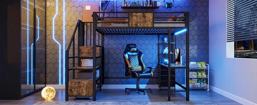Letto a soppalco 140 × 200 cm con scrivania, mensole, LED e presa elettrica, senza materasso, nero