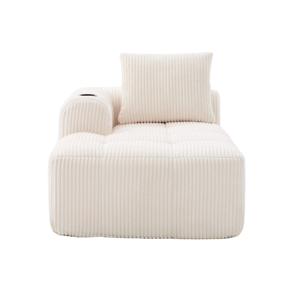 Divano compatto in corduroy beige con tasche laterali e portabicchieri, imbottitura in schiuma ad alta densità e molle, 158x93x61 cm