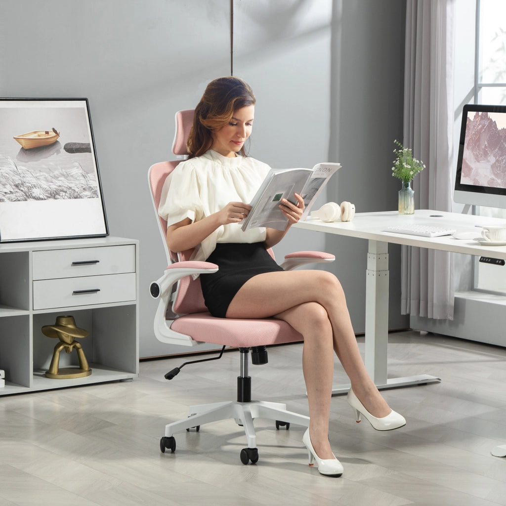 Sedia da Ufficio Regolabile e Reclinabile con Poggiatesta Rimovibile, in Tessuto a Rete, 60x59x114-122 cm, Rosa
