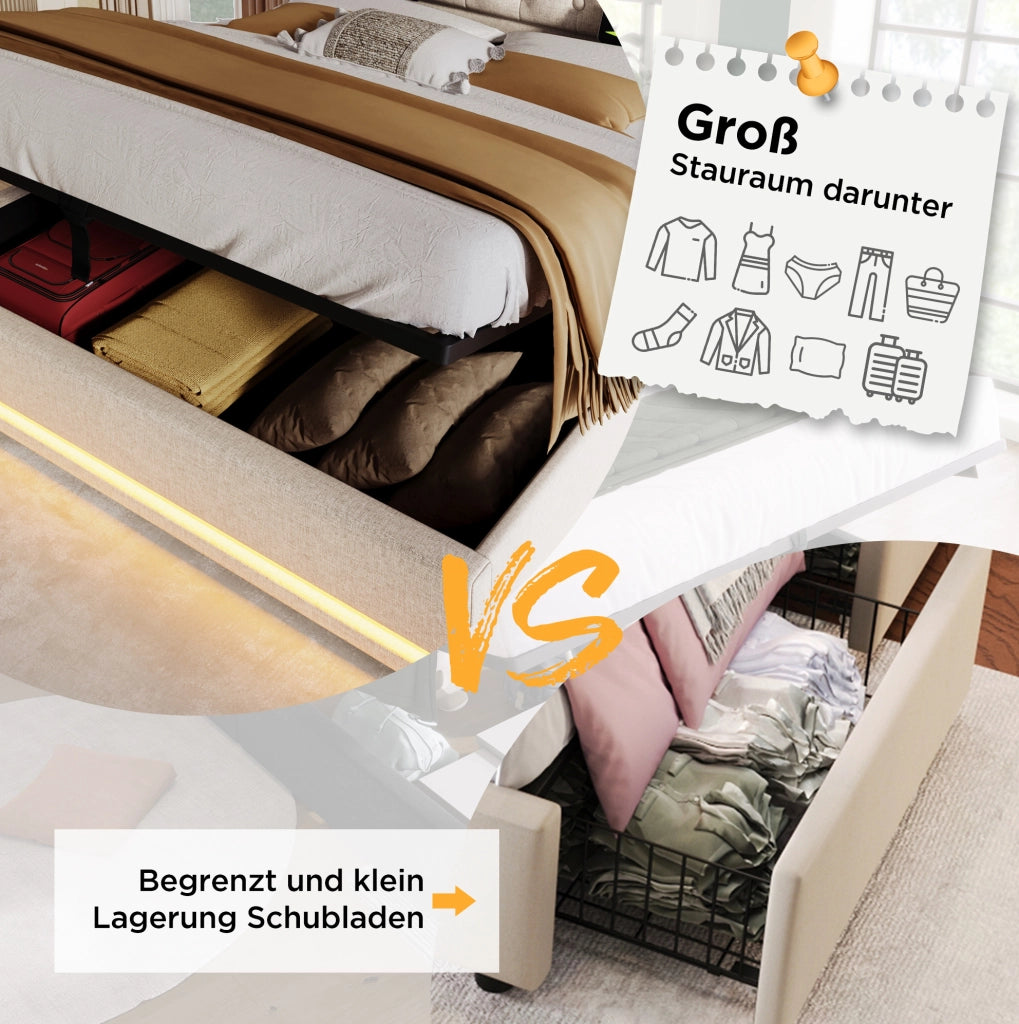 Letto con contenitore idraulico; LED; USB e Type-C
