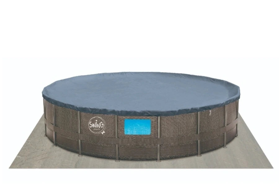 ELITE - PISCINA CON TELAIO IN VIMINI - 4,57 x 1,22 m, design in vimini (doppio rattan) con finestre, con pompa filtro 12 V - 3,8 m3, gradini di sicurezza pieghevoli, kit di manutenzione deluxe, copertura e telo di fondo