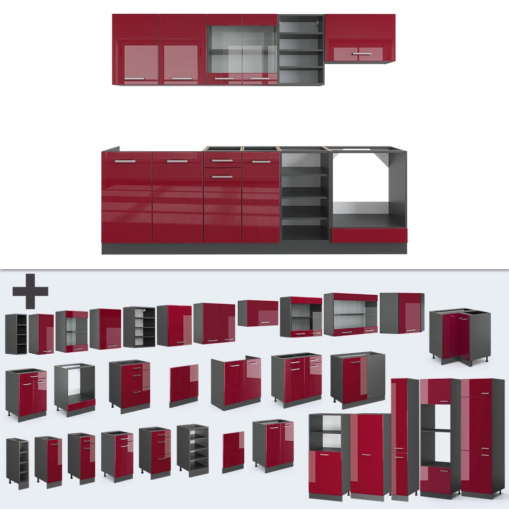 Cucina componibile R-Line Rosso lucido/Antracite 240 cm senza piano di lavoro Vicco