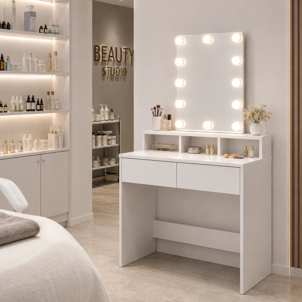 Consolle Trucco con Specchio Led 80x40 cm 2 Cassetti Luce Regolabile usb Bianca