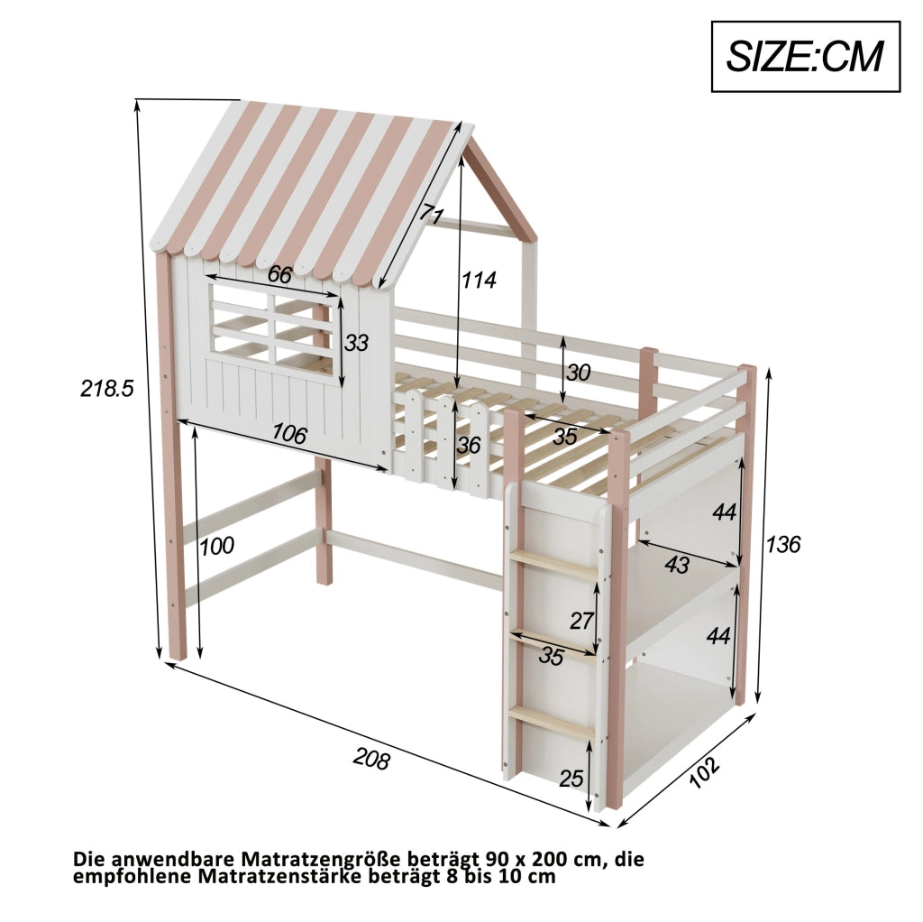 Letto a casetta per bambini 90x200 cm in legno massello; rosa