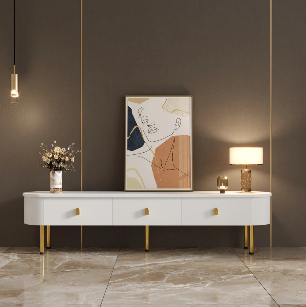 Mobile TV con 3 cassetti 174x35x41 cm in MDF bianco con maniglie e gambe oro