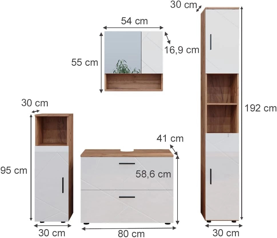 Set di mobili da bagno Irma, Bianco lucido/oro power oak, 80 cm, composto da mobile lavabo, pensile a specchio, colonna e base media