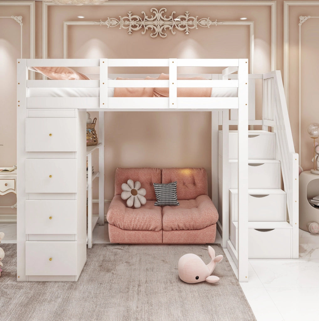 Letto a soppalco ULEVR 140x200 cm bianco con 4 cassetti, scala con cassetti e scaffale