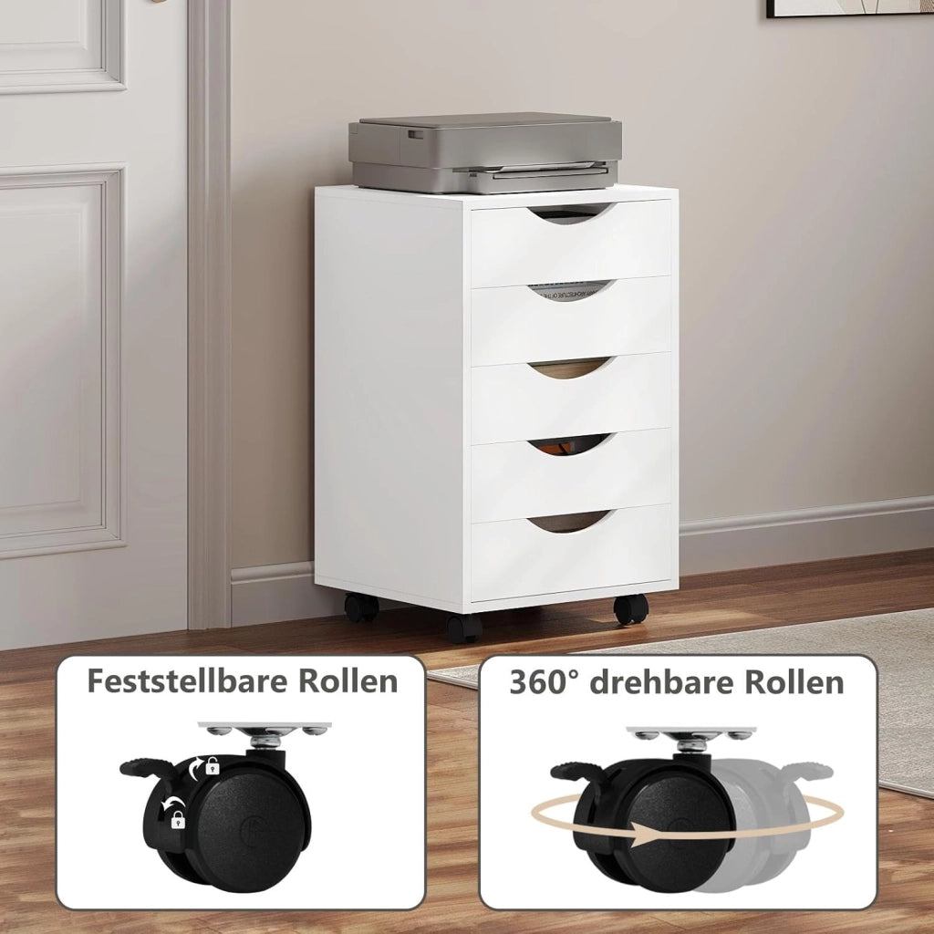 Scrivania a Piedistallo con 5 Cassetti, Schedario Rotante, Comodino, Mobile per Ufficio, Camera da Letto, in Legno Ingegnerizzato PB, Bianco, 40x40x66,5cm, ASK14ws