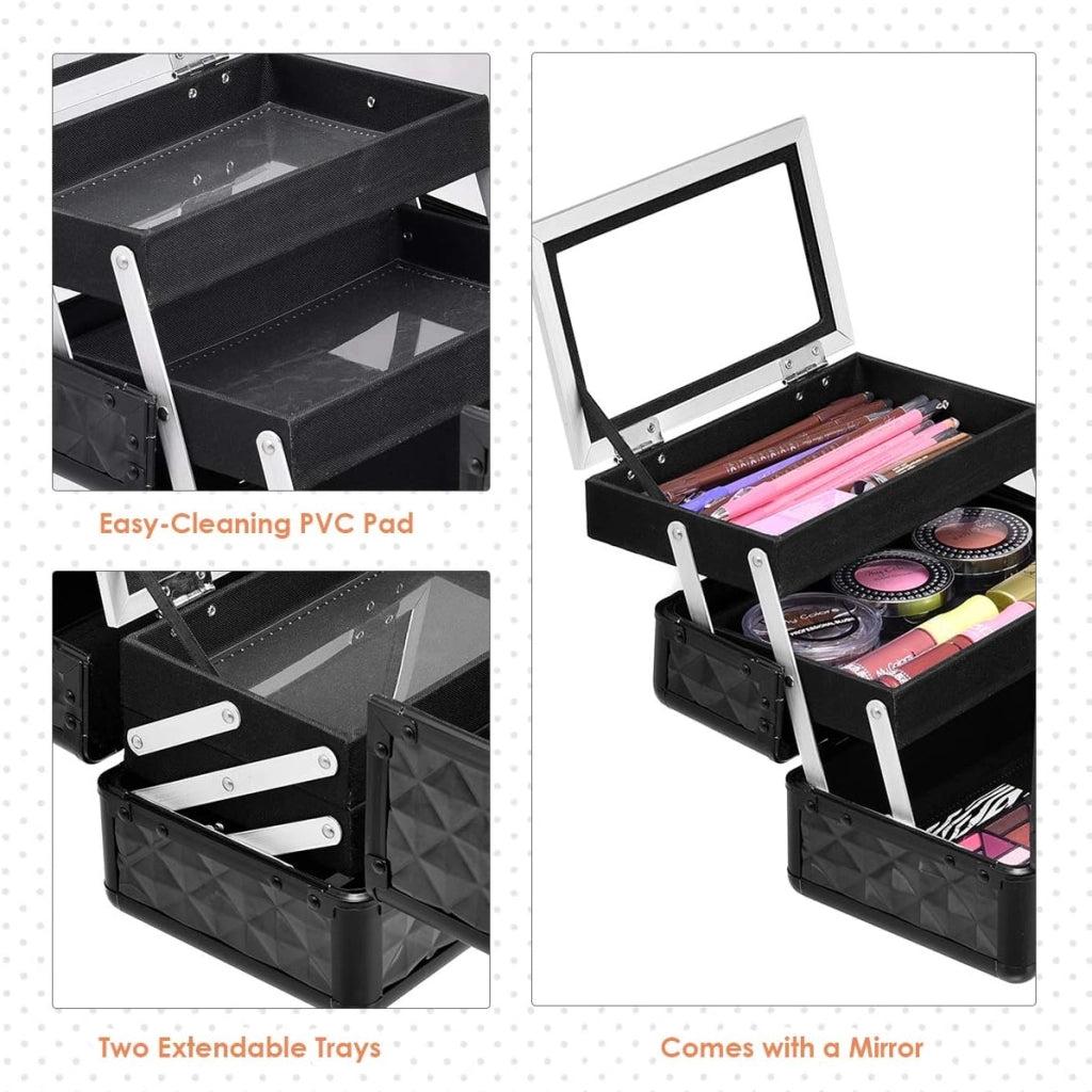 Valigetta per Cosmetici, Scatola Trucchi Professionale, Valigetta per Trucchi, con Specchio, Beauty Case, Pieghevole e Portatile, 23 x 15 x 18 cm