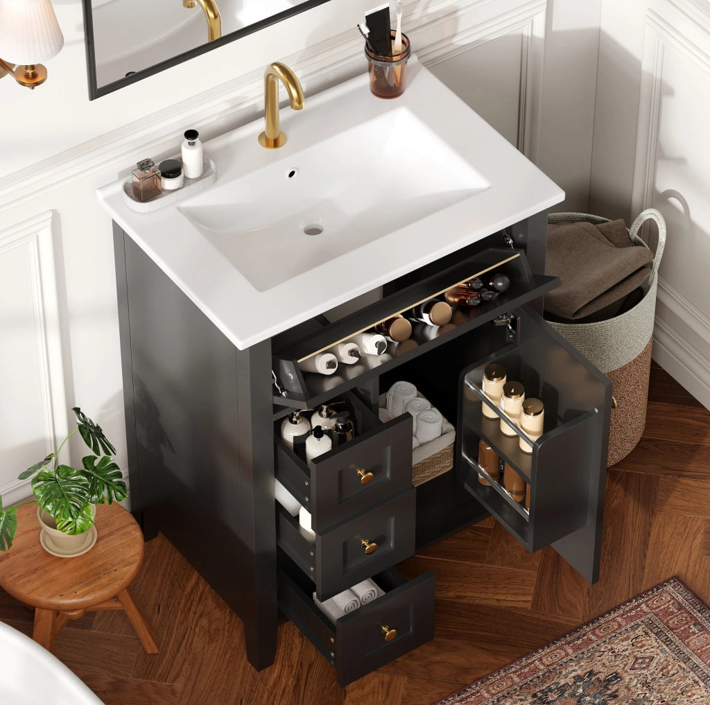 Mobile bagno con lavabo in ceramica; 61 × 47 × 86 cm; MDF nero lucido