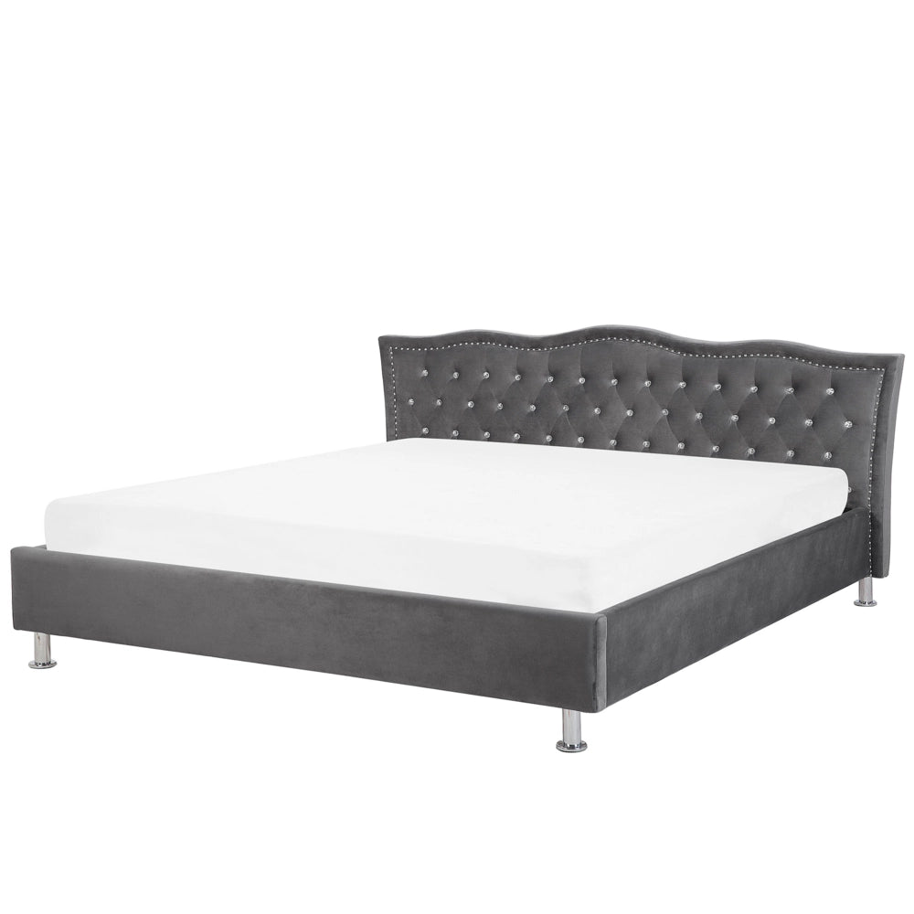 Letto 180 x 200 cm Velluto grigio scuro Cornice imbottita Bottoni in cristallo Poggiatesta
