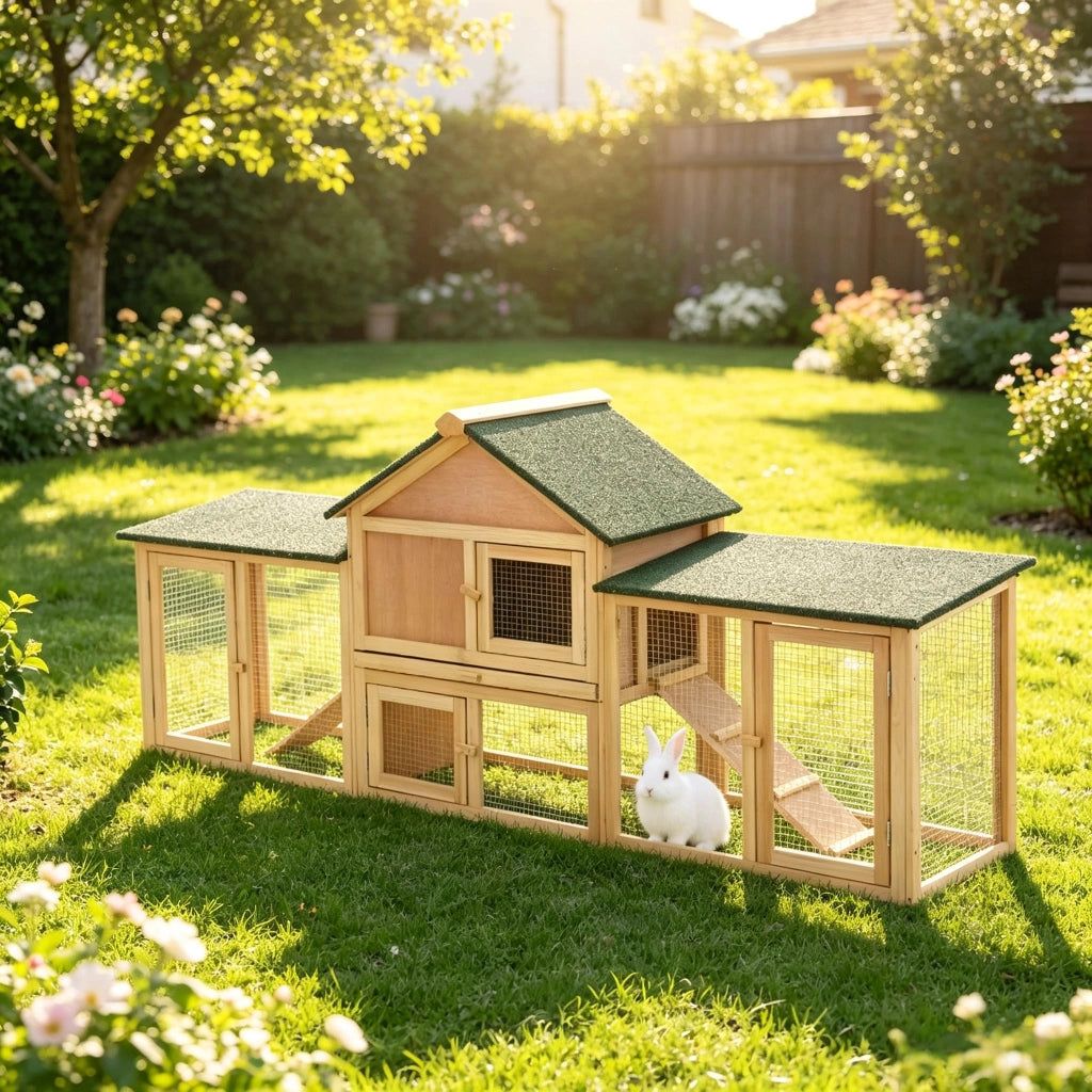Casetta da giardino a due livelli con rampa e cassetto estraibile in metallo e legno verde naturale